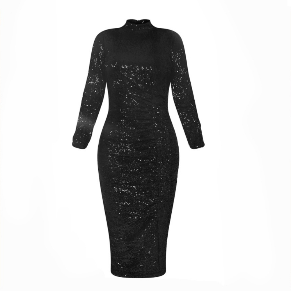 PLT Black Sequin High Neck Ruched Midi Dress